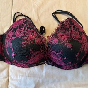 Victoria's Secret Black Bra with Magenta Floral Lace